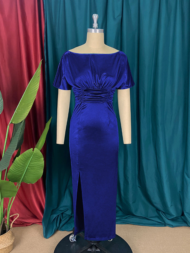 Dame Elegant maxikjole med raffineret drapering og høj slidse Skovae