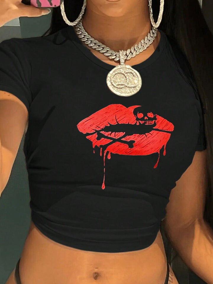 Dame Crop-T-shirt med kreativ læbe motiv og tætsiddende snit Skovae
