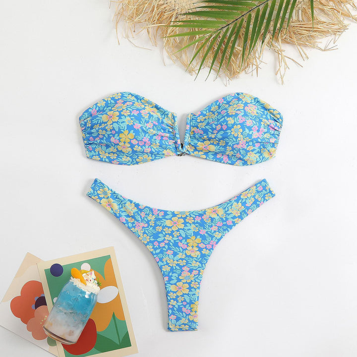 Dame Bandeau-bikini med blomsterdesign og elegant lukning Skovae