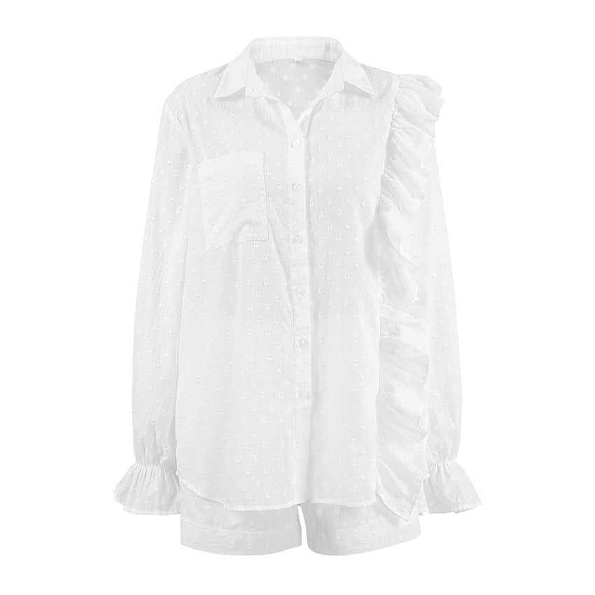 Dame sæt bestående af bluse og shorts med rüschen og gennemsigtigt design Stilla