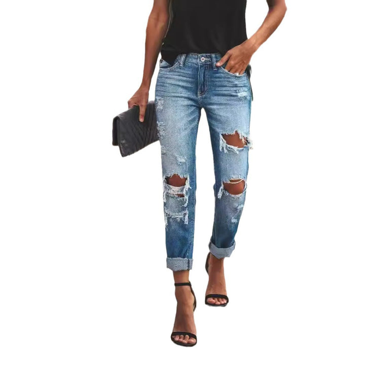 Dame Destroyed Boyfriend Jeans i afslappet stil med høje revnedetaljer Skovae