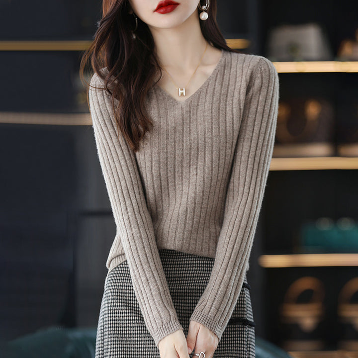 Femme Ribbet V-Udskæring Pullover Sweater Stilla