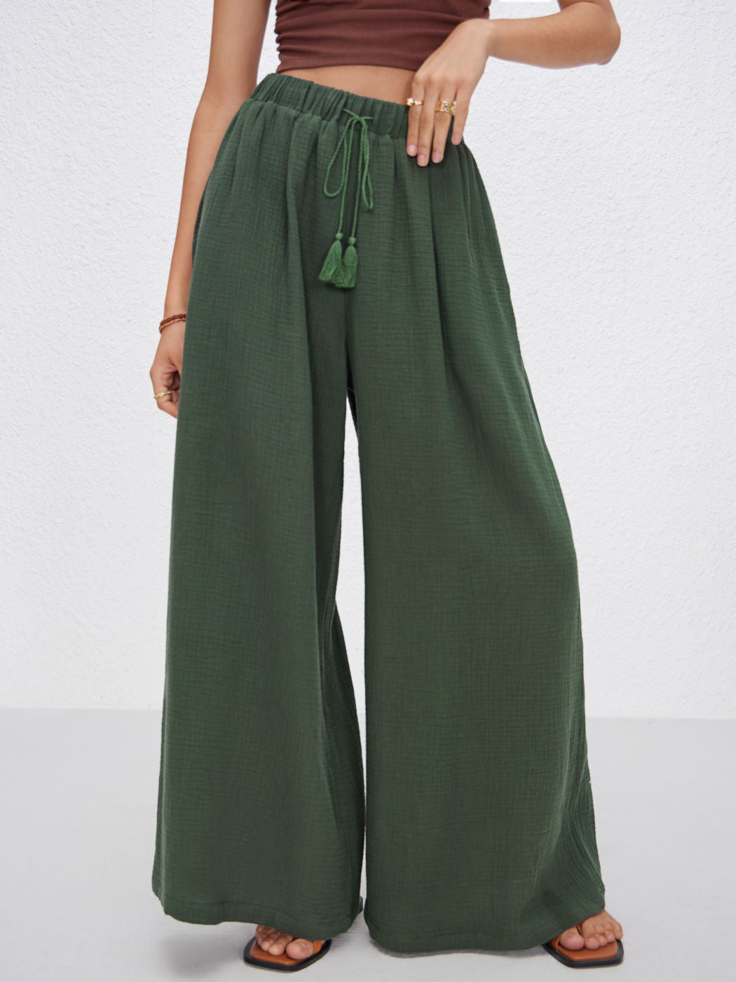 Dame bred sommerbukser i afslappet boho-stil med elastisk talje og sidelommer Skovae