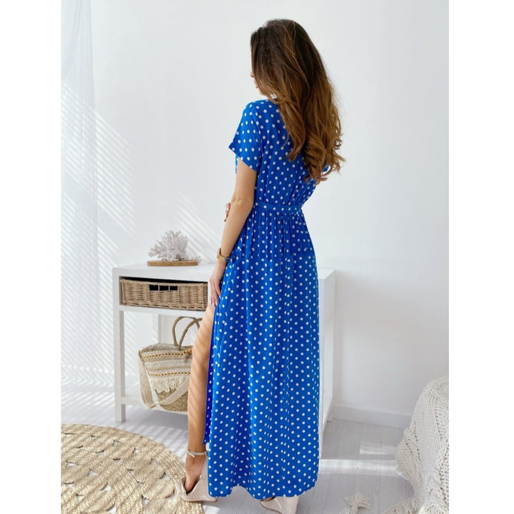 Dame Polka Dots Maxikjole med sideslids og bindebælte Stilla
