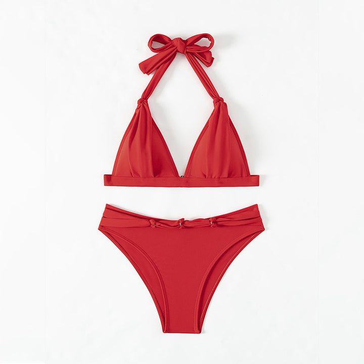 Dame triangel-bikini med justerbar halter-top og elegant flæse-design Skovae
