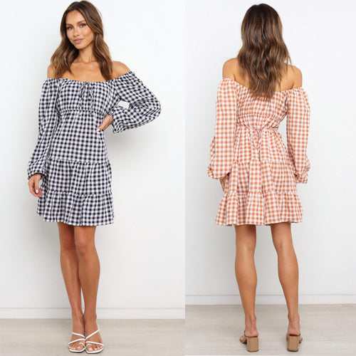 Dame Off-Shoulder Gingham Mini Kjole med Volanger Stilla