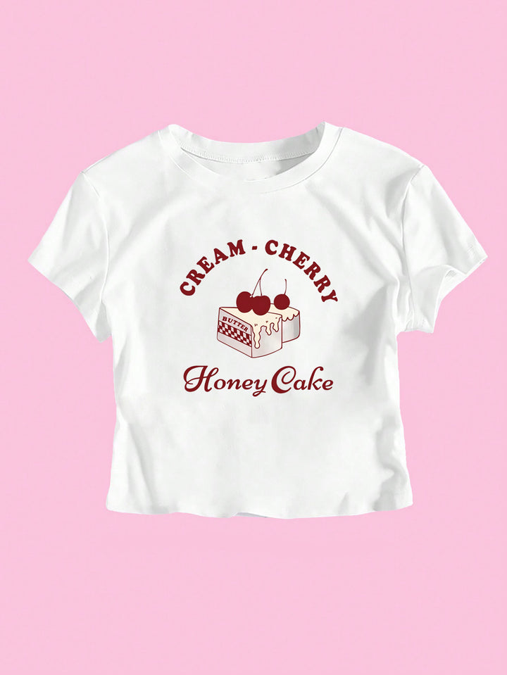 Dame Crop-T-Shirt med kreativ dessertmotiv og moderne snit Skovae