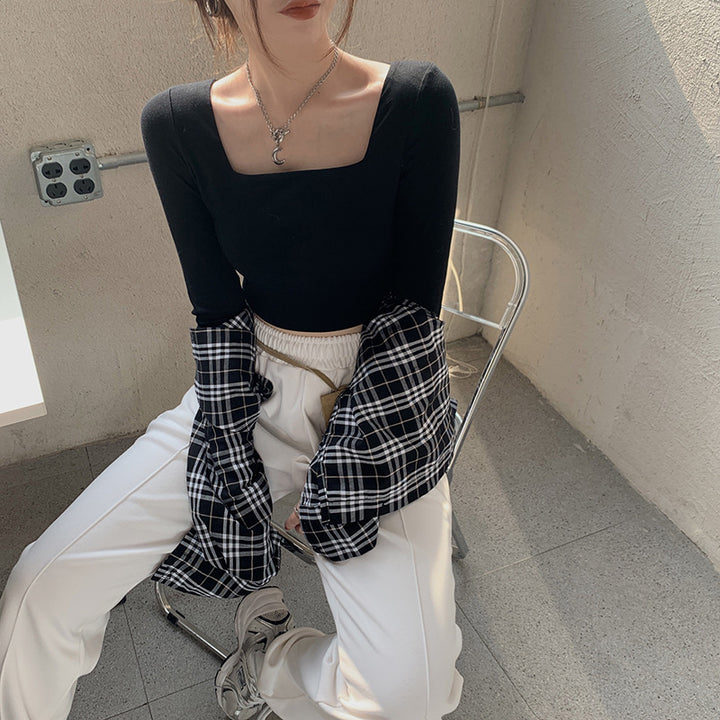 Kvinders langærmet crop top med elegant firkantet halsudskæring og flatterende pasform
