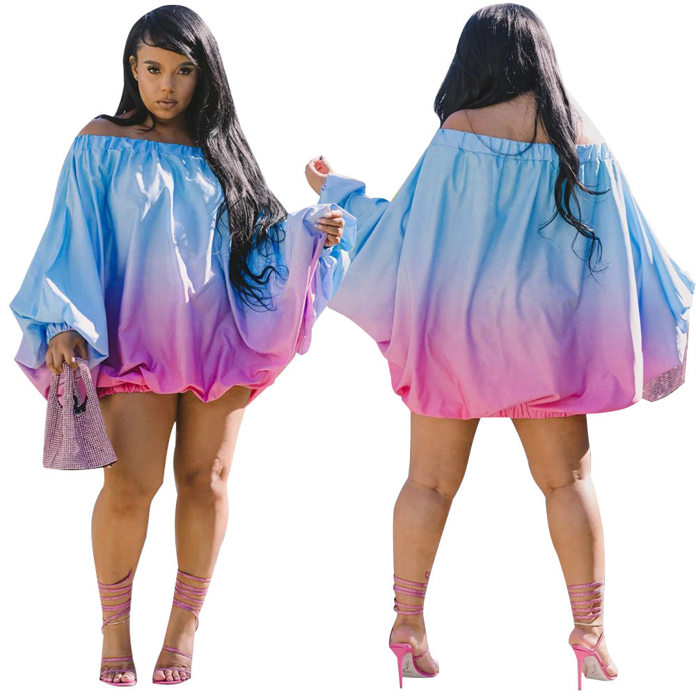 Dame Off-Shoulder Minikjole med voluminøse ærmer og farveovergang Stilla