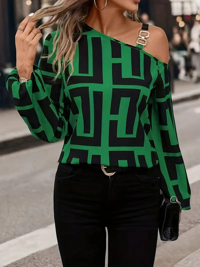 Dame Off-Shoulder Bluse med grafisk mønster og elegante detaljer Stilla