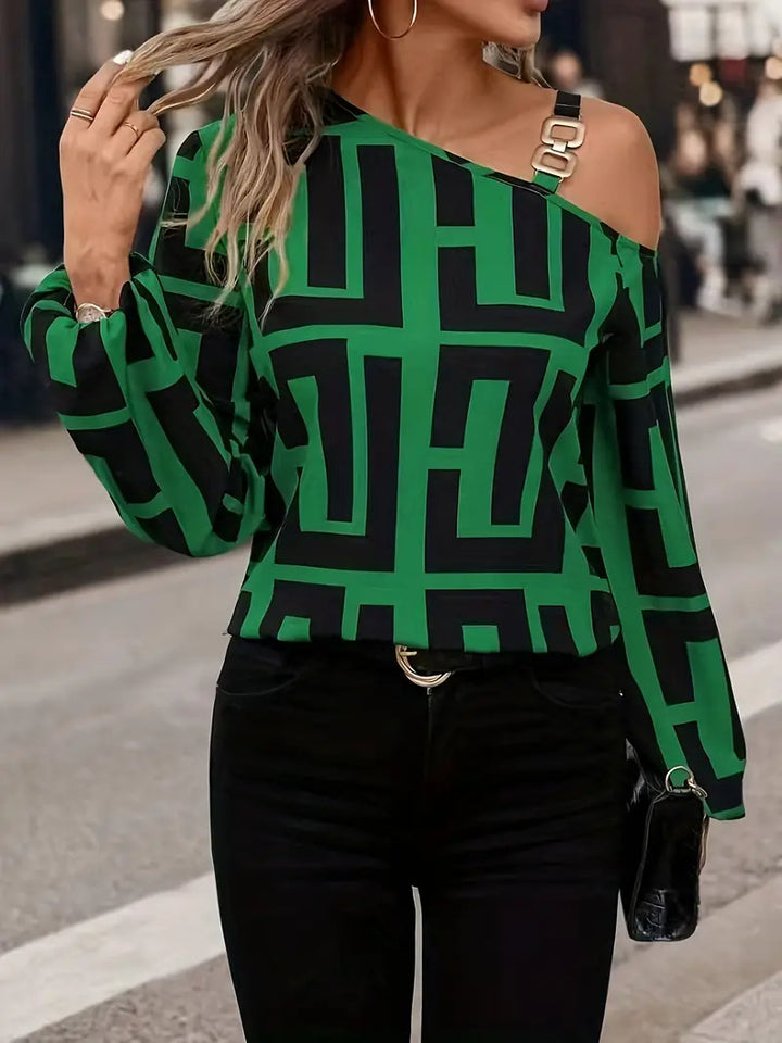 Dame Off-Shoulder Bluse med grafisk mønster og elegante detaljer Stilla