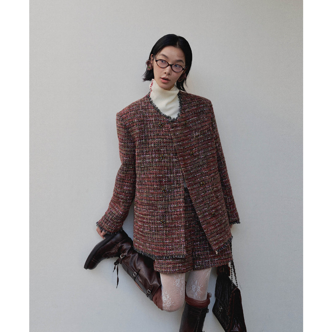 Dame moderigtigt tweed-blazer-sæt med designerdetaljer og højere komfort Stilla