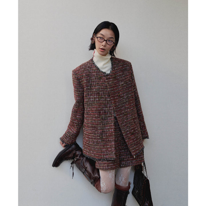 Dame moderigtigt tweed-blazer-sæt med designerdetaljer og højere komfort Stilla