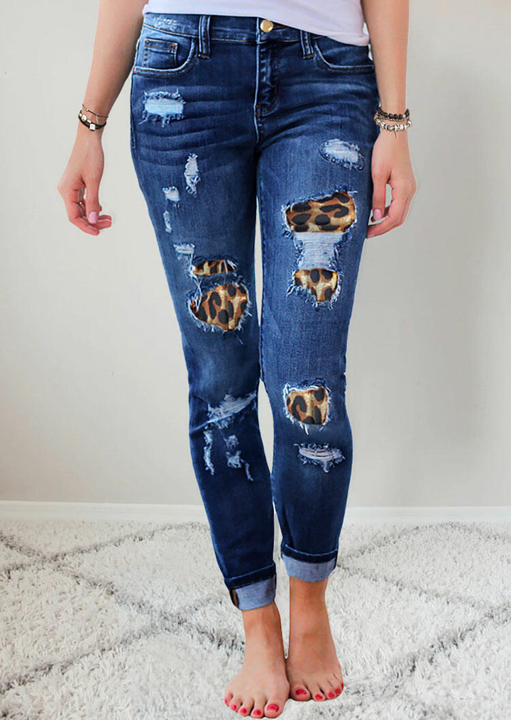 Dame Ripped Skinny Jeans med leopardmønster-applikationer og moderigtigt design Stilla