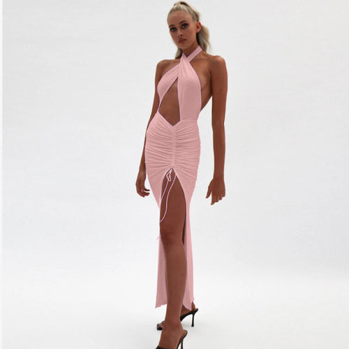 Dame Cut-Out Maxi-kjole med raffinerede rynkelementer og dyb split Stilla