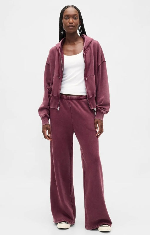 Dame nan to-delt frotté loungewear sæt med lynlås hættetrøje og bredskåren joggingbukser Skovae
