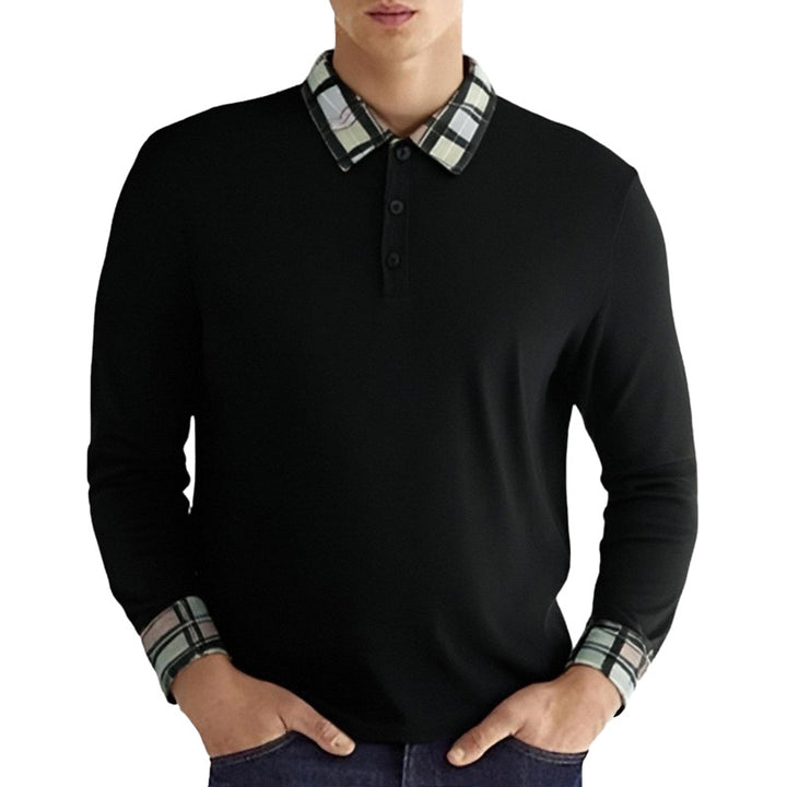 Herren nan figurtilpasset Langarm-Poloshirt med ternet krave- og manschettbesætning Skovae