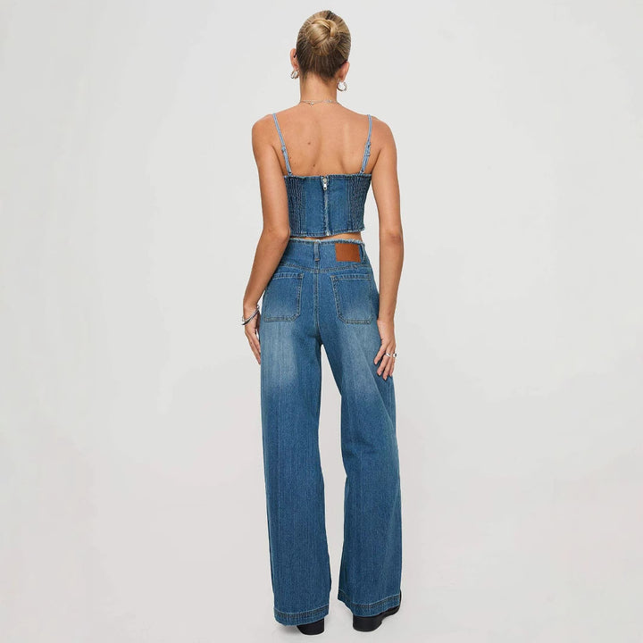 Dame brede Denim-jeans med høj talje og frynset kant Skovae
