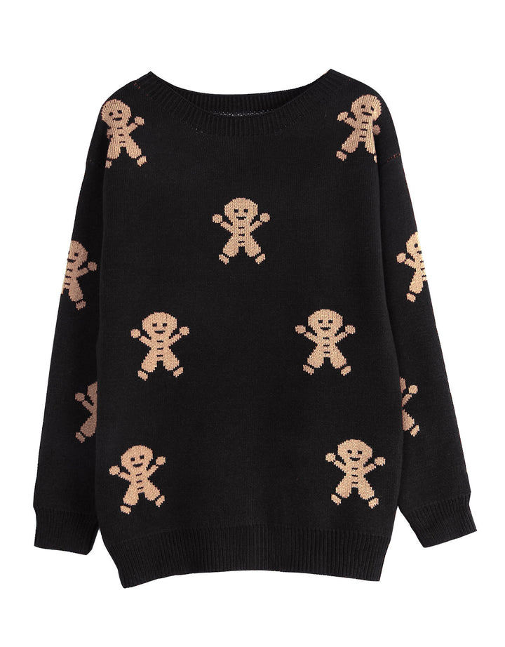 Kvindelig strikket sweater med festligt ingefærbrødsmotiv og løs pasform Stilla