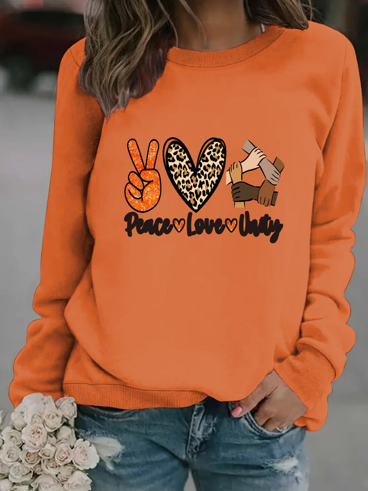 Kvinders sweatshirt med kreativt Peace, Love & Unity design Stilla