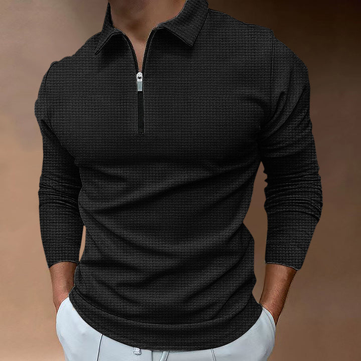 Herre langærmet poloshirt med kentkrave, kort frontlynlås og fin vaffelstruktur Skovae
