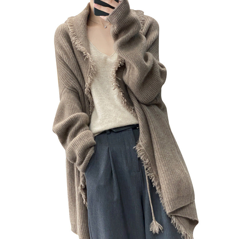 Dame elegant struktureret strik-cardigan med frynse-detalje Stilla