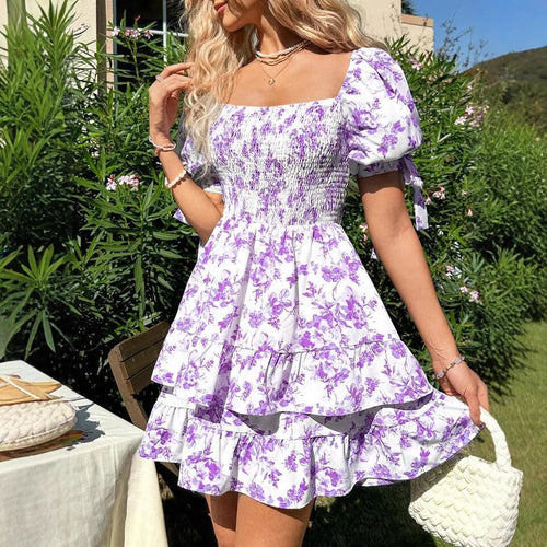 Dame blomsterprint rynket mini kjole Stilla
