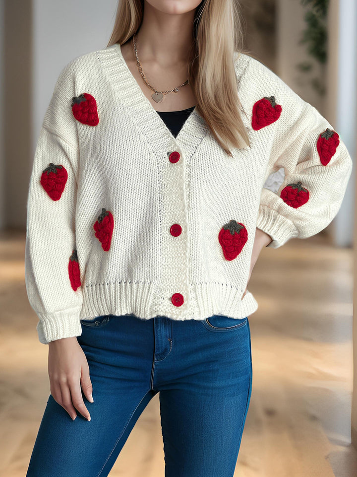 Dame cardigan med legende jordbærmotiv og store knapper Stilla