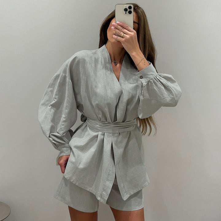 Damer elegant loungewear-sæt med stilfulde pufærmer og taljebælte Stilla