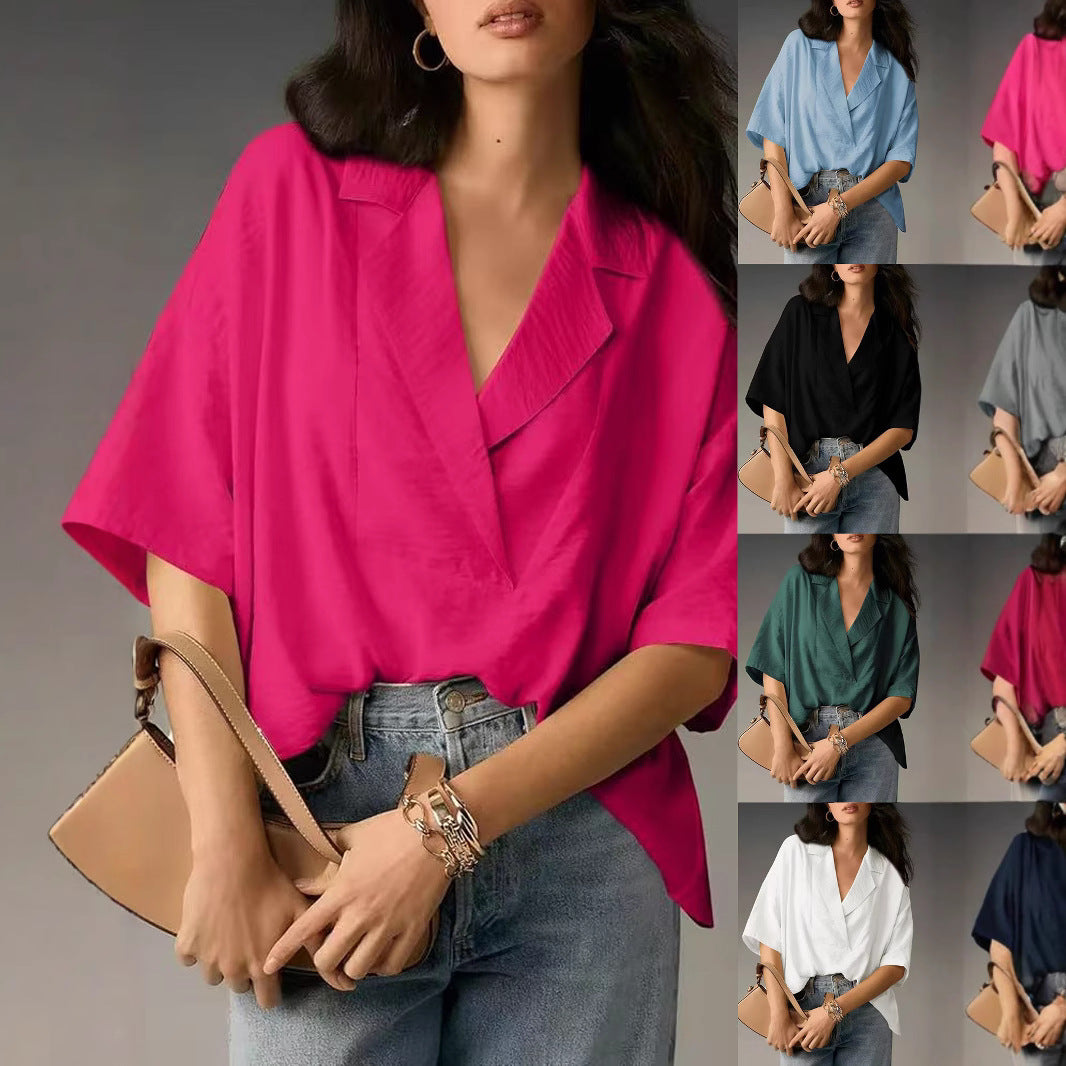Dame løs oversized bluseoverdel med elegant krave og V-hals Skovae