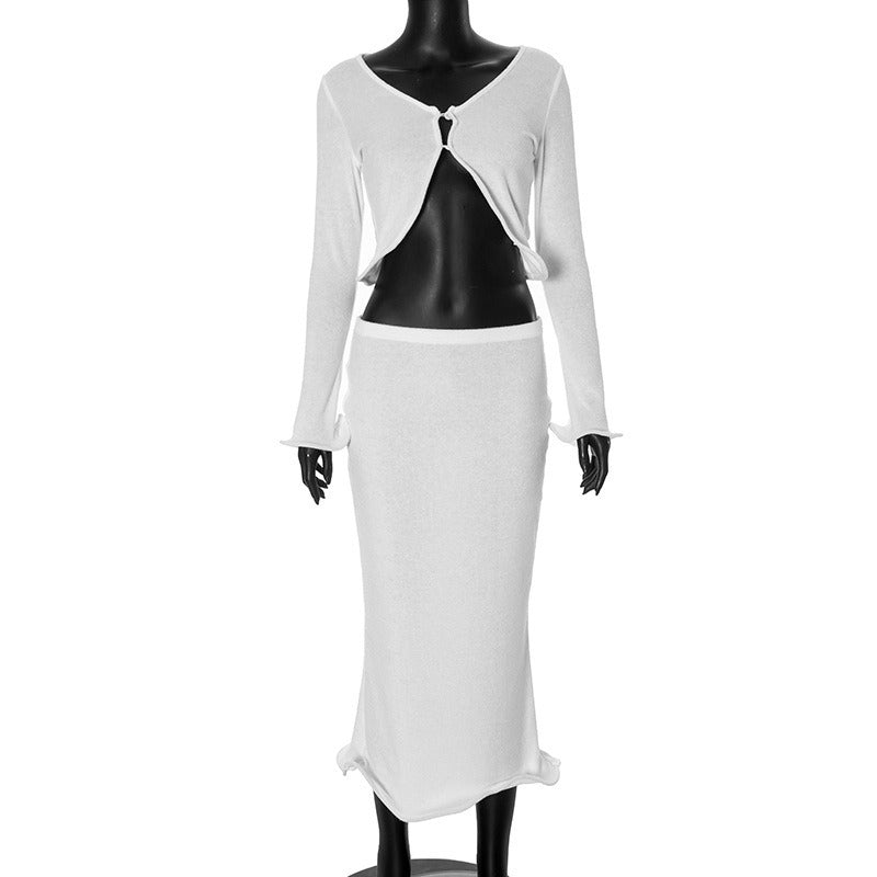 Dame festligt sæt med tætsiddende skørt og elegant cardigan Skovae