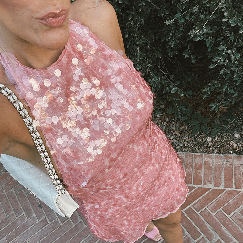 Dame Glamourøs Paillet Mini kjole med halterneck Skovae