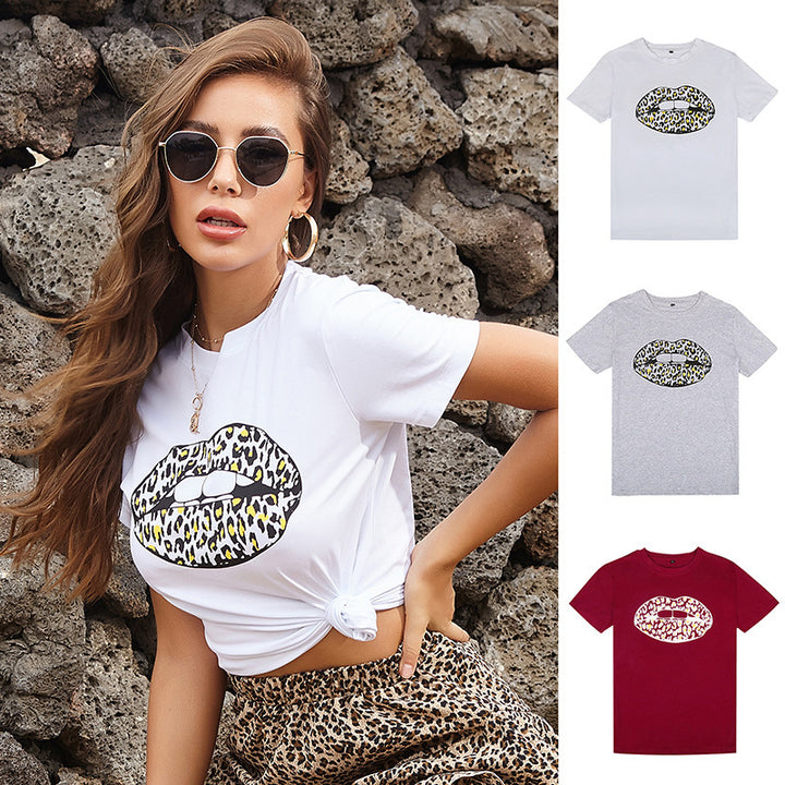 Damer Grafiktryk T-shirt med Leopard Kiss Design Stilla
