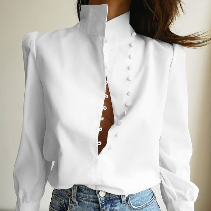 Damer elegant bluse med højtstående krave og puffærmer Stilla