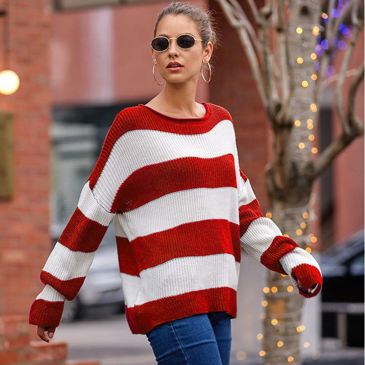 Kvinde's komfortable strikket sweater med moderne stribemønster og bred pasform Stilla