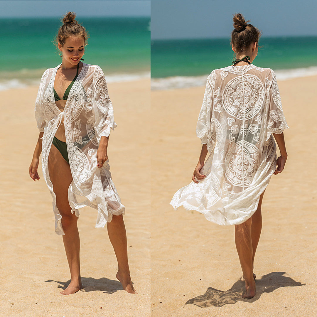 Dame elegant hæklet strandtunika med florale detaljer Skovae