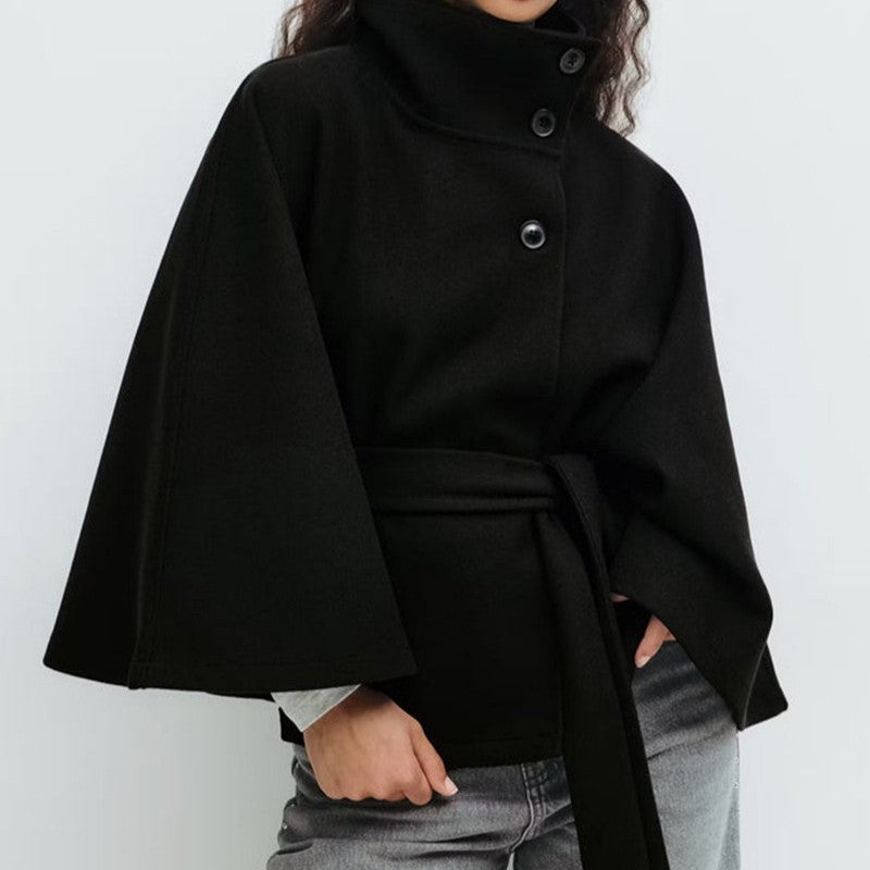 Damernes trendy oversized indpakningsjakke med høj krave og bælte Stilla