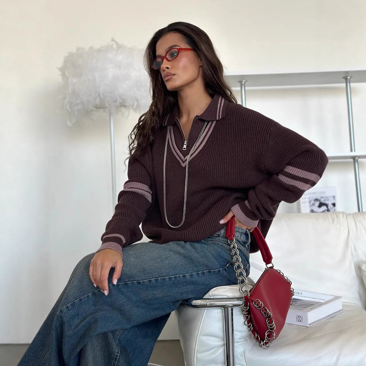 Kvindernes fashionable strikket sweater med høj kvalitet lynlås og stribet design Stilla