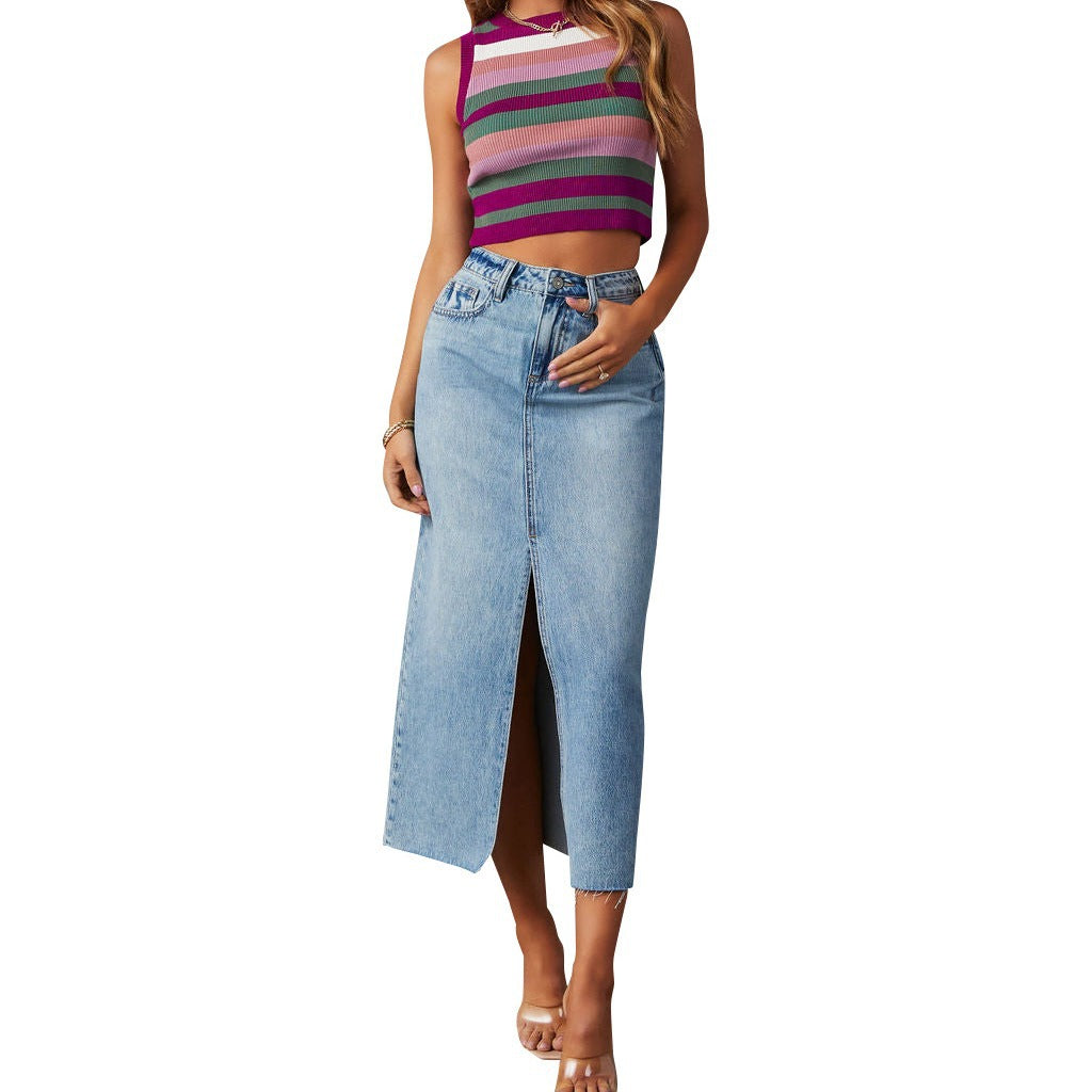 Dame Midirok i denim med sidelæg Stilla