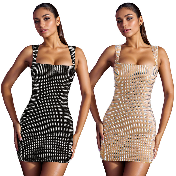 Damer Smart Bodycon Minikjole med kvadratisk U-hals og fine Rhinestone-detaljer Stilla