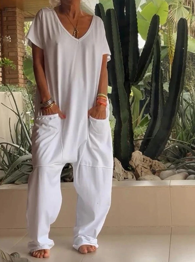 Dame nan vidde komfort jumpsuit med V-udskæring, dyb skridt og sidelommer Skovae