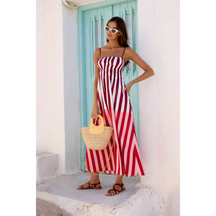 Women's summer maxi dress with narrow straps and sophisticated striped pattern Skovae