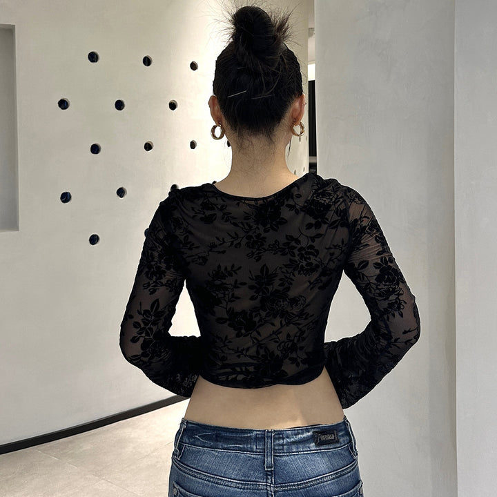 Dame Transparent Spids Langærmet Bluse med fine Blomster Mønstre Stilla