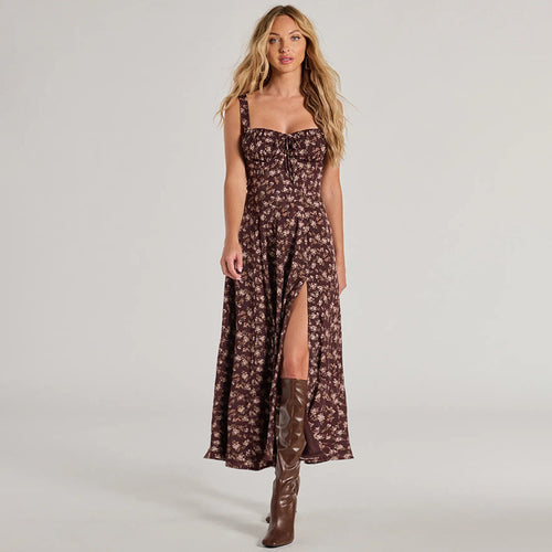 Femme Floral Print Maxi-kjole med justerbare bånd Stilla