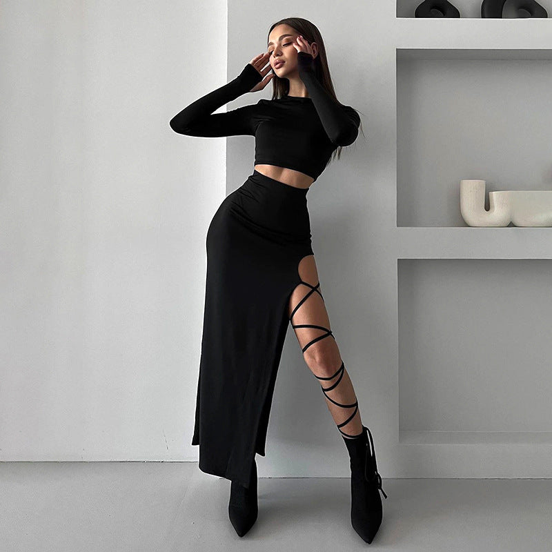 Dame elegant langærmet top med høj talje og sideløst cut-out Skovae