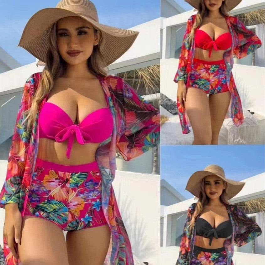 Dame høj talje bikini-sæt med blomsterdesign og snørebånd Skovae
