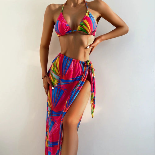 Dame Farverig Tropisk Tryk Bikini Sæt med Cover-Up Stilla