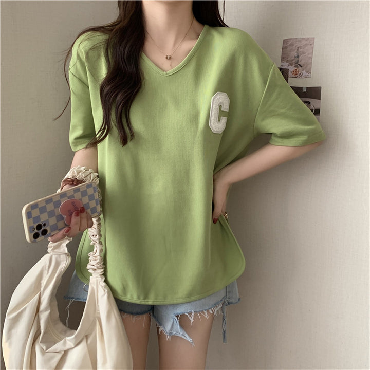Dame Casual V-Hals Oversized T-Shirt med kontrastdetaljer Stilla