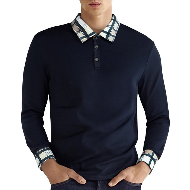 Herren nan figurtilpasset Langarm-Poloshirt med ternet krave- og manschettbesætning Skovae