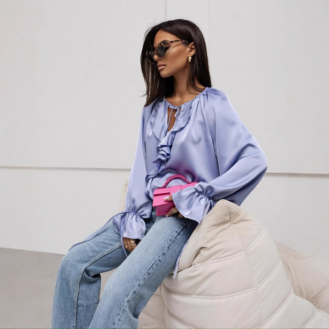 Dame elegant flæsebluse med dyb V-udskæring og puffede ærmer Stilla
